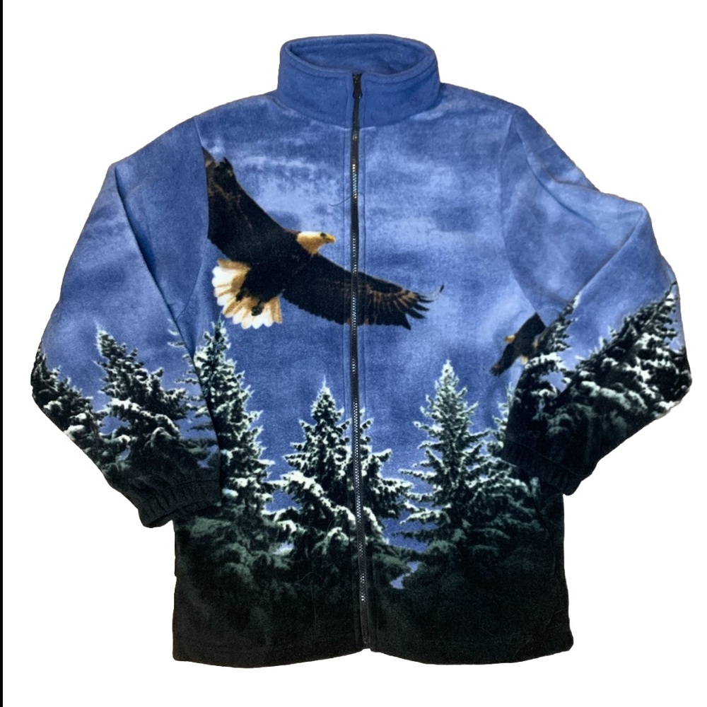 VTG Kokopelli Eagle Wildlife Fleece Jacket All Over Print Size Small Full Zip